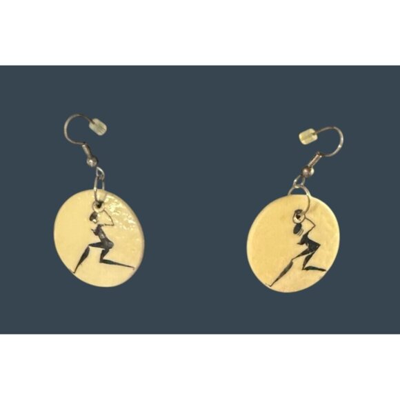 Handmade Cream Round Shell Earrings With Black Silhouette Art - Picture 6 of 9